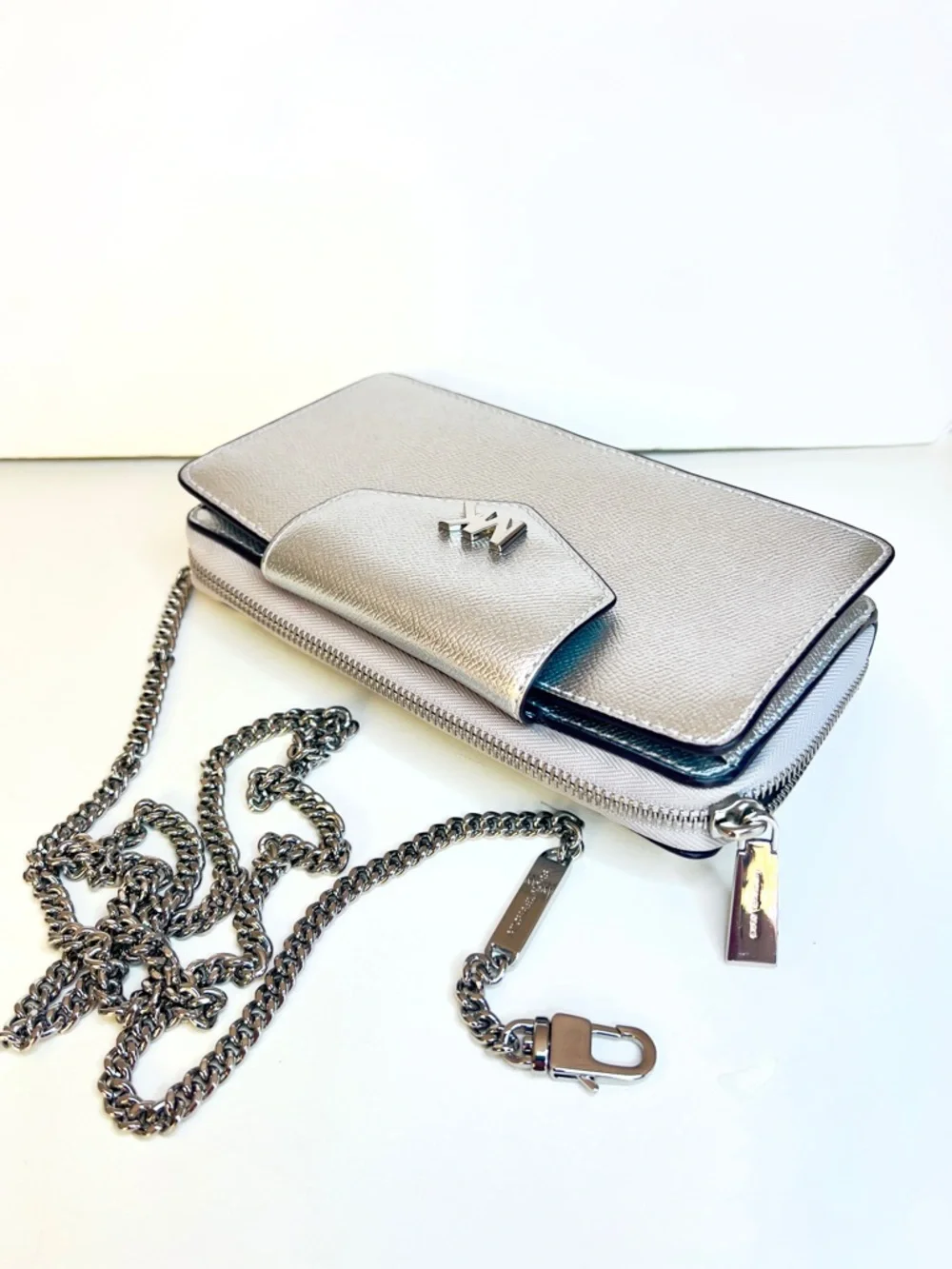 Michael Kors Silver Metallic Leather convertible Wallet or crossbody